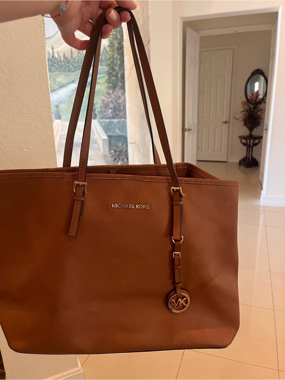 Michael Kors Brown Leather Tote with Gold MK Charm